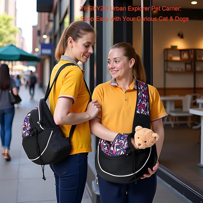 Pet Sling Carrier for Small Dogs & Cats, Mesh Travel Shoulder Bag, 10 lb Capacity, Adjustable Strap, Black with Geometric Pattern (Red camo, Medium)