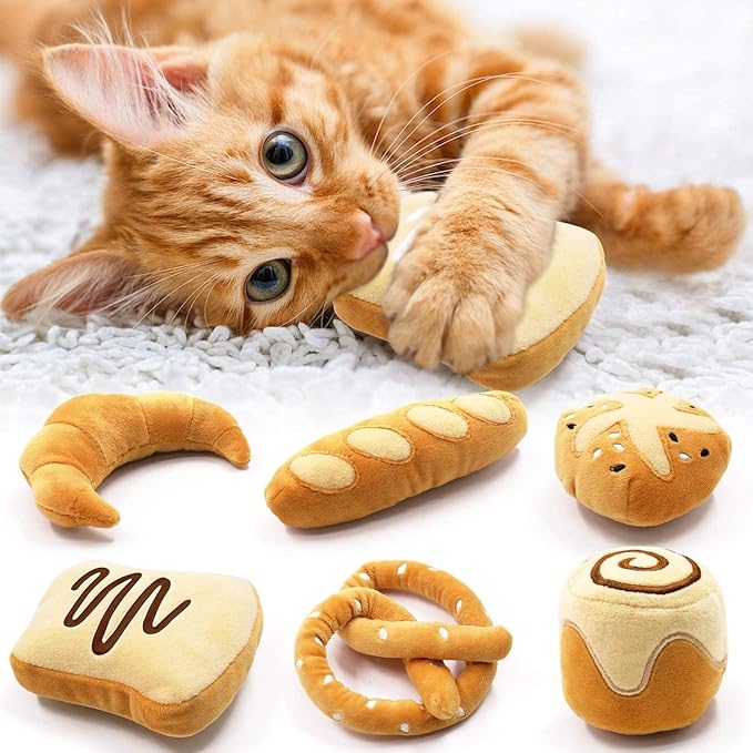 CiyvoLyeen Bread Catnip Toys, Cat Toy for Indoor Interactive Toys, Kitten Chew Bite Kick Toy Baguette Croissant Pretzel Toast Bun Cinnamon Roll Plush Catmint Pet Birthday Presents 6 Pack