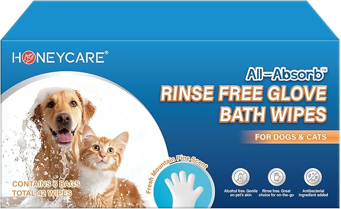 HONEY CARE All-Absorb Disposable Pet Grooming Gloves Wipes for Dogs & Cats Fur Deodorizing & Cleaning (7 Gloves/Pack, 6 Packs, 42 Wipes Total)
