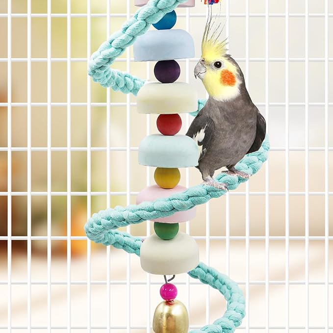 Mineral Chew Toy 2-Pack – Colorful Beaded Bird Toys with Bells | Beak Grinding & Foraging Enrichment for African Grey, Amazon Parrots, Budgies, Cockatiels, Conures