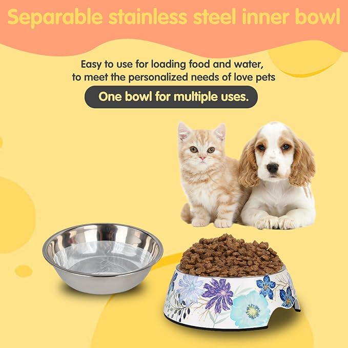 Pet Cats Dogs 2 in 1 Food Water Bowls - Non Slip Skid Proof Heavy Duty Pet Cats Dog Food Water Bowls for Feeding Drinking Small Medium Large Dogs Cats Puppies (Blue Flower, L:28 OZ)