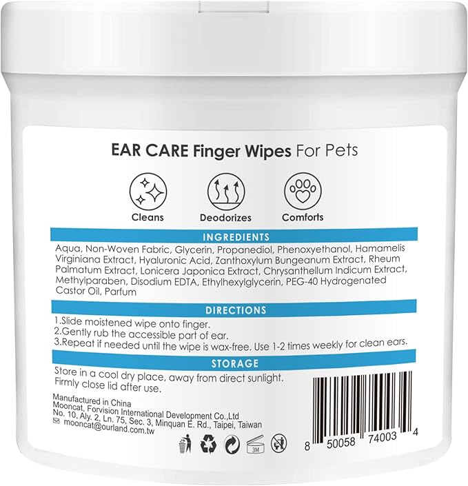 Mooncat Cat & Dog Ear Cleaner Wipes - Gentle Finger Wipes for Ear Infection, Mites, Wax & Odor - Easy & Soothing Itch Relief Cleaning Solution for Sensitive Ears - 40 Finger Wipes