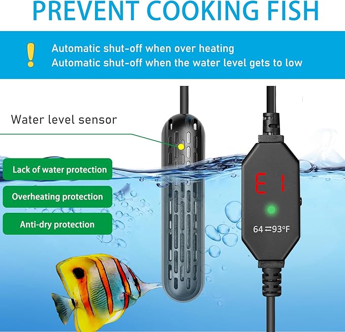 YukiHalu Small Aquarium Heater 25/50/100/150W with Protective Cover, Mini Fish Tank Heater, External Controller, Temperature Adjustable, Digital Display, Used for 5/10/20/30 Gallons (100W-20Gallon)