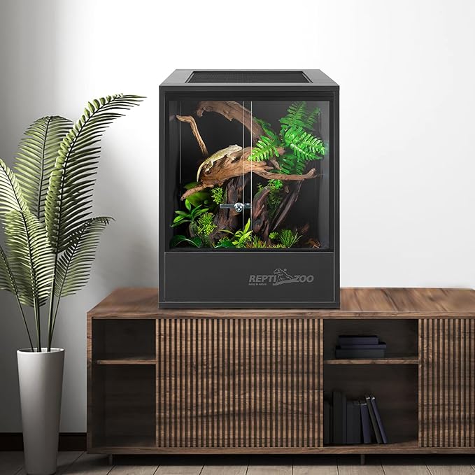 REPTI ZOO 30 Gallon PVC Tall Reptile Tank, 18x18x24 Reptile Terrarium for Frog Lizard Gecko Chameleon Snake, Tropical Rainforest Habitat Enclosure with Sliding Door & Top Screen Ventilation