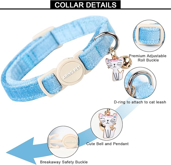 ARING PET 2 Pack Cat Collar-Cute Cotton Cat Collar with Bell & Pendant, Adjustable Blue Green Kitten Collars with Safety Buckle for Girl and Boy Pets