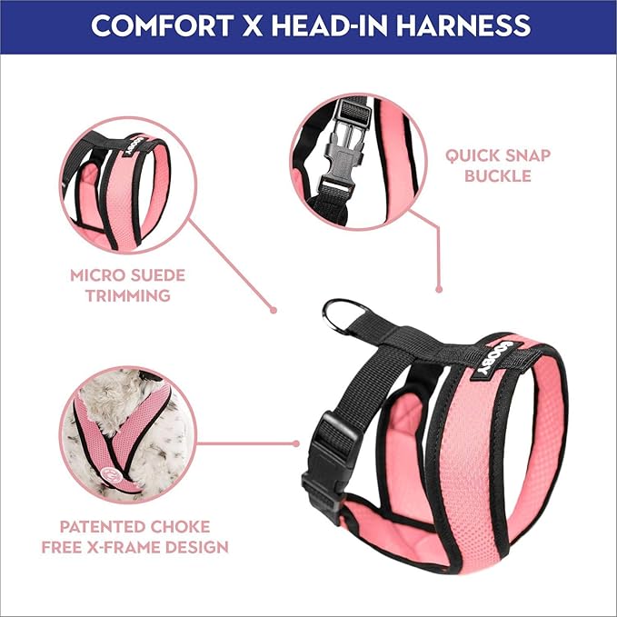 Gooby Comfort X Head in Harness - Pink, Small Harness Patented Choke-Free X Frame - Perfect on The Go Harness for Medium Dogs No Pull or Small Dogs for Indoor and Outdoor Use