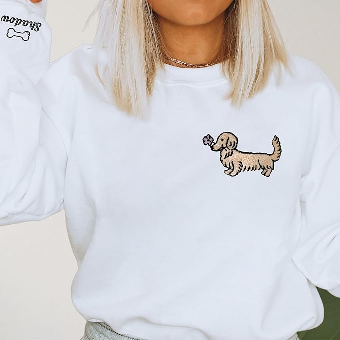 NAZENTI Embroidered Dachshund Sweatshirt with Dog Name on Sleeve, Personalized Valentines Dog Mom Shirt, Wiener Dog Gifts