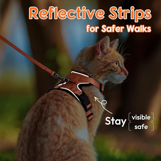 Dooradar Cat Harness and Leash Set, Escape Proof Safe Adjustable Kitten Vest Harnesses for Walking, Easy Control Soft Breathable Mesh Jacket with Reflective Strips for Cats, Orange, XS