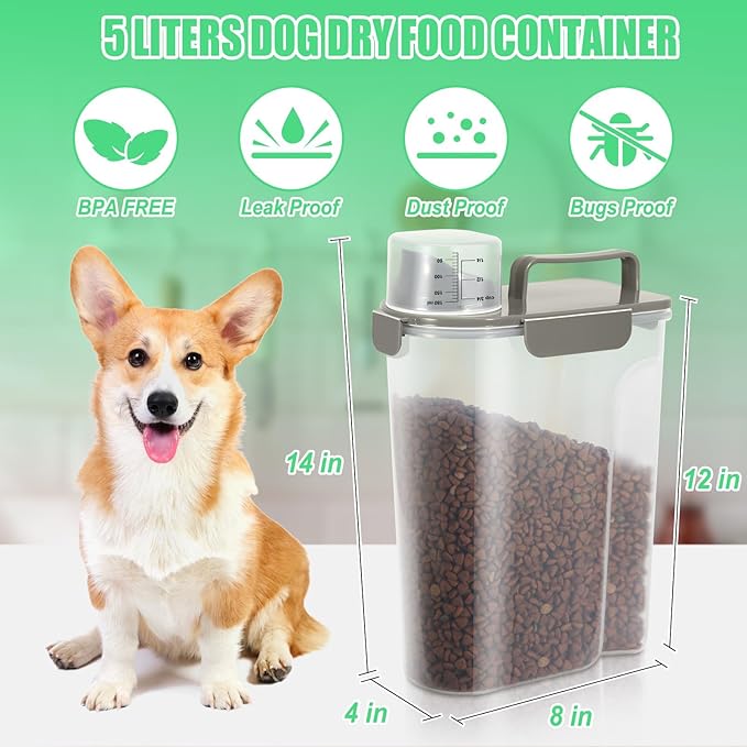 Dog Food Storage Container 5-7Lbs with Large Spout & Cup, 5L Cat Food Container Airtight, Travel Pet Dry Food Holder, BPA-Free Plastic Food Dispenser for Pet Food, Bird Seed, Fish Food, etc