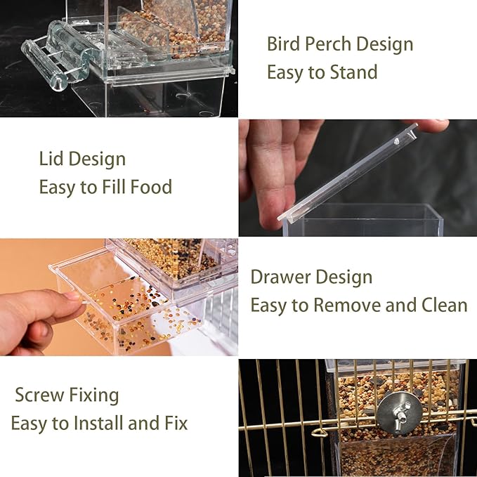 No Mess Bird Feeder Water Dispenser Set, Automatic Parrot Feeder for Cage Transparent Acrylic Food Container Drinker Cage Accessories Parakeet Cockatiel Lovebird Finch