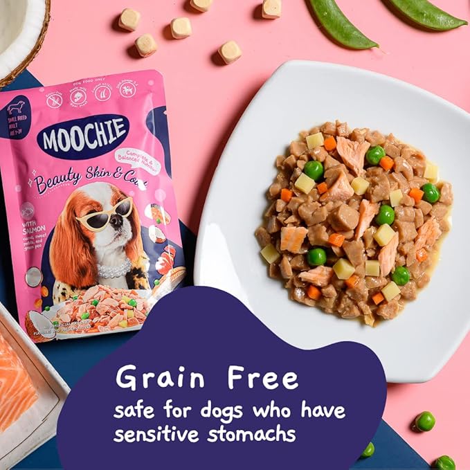 MOOCHIE Grain Free Small Dogs Wet Dog Food - Skin and Coat - Salmon, Chicken & Beef - No Artificial Flavors or Preservative - 12 x 3 oz Pouch