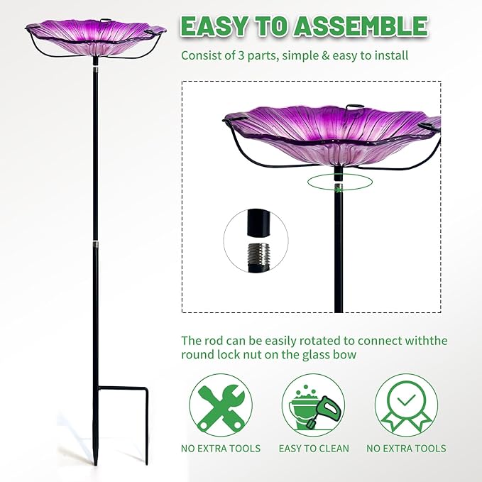 HONGLAND 29 Inch Height Bird Baths for Outdoors, Glass Birdbaths Outdoor Birdfeeder Flower Pattern with Metal Stake-Purple