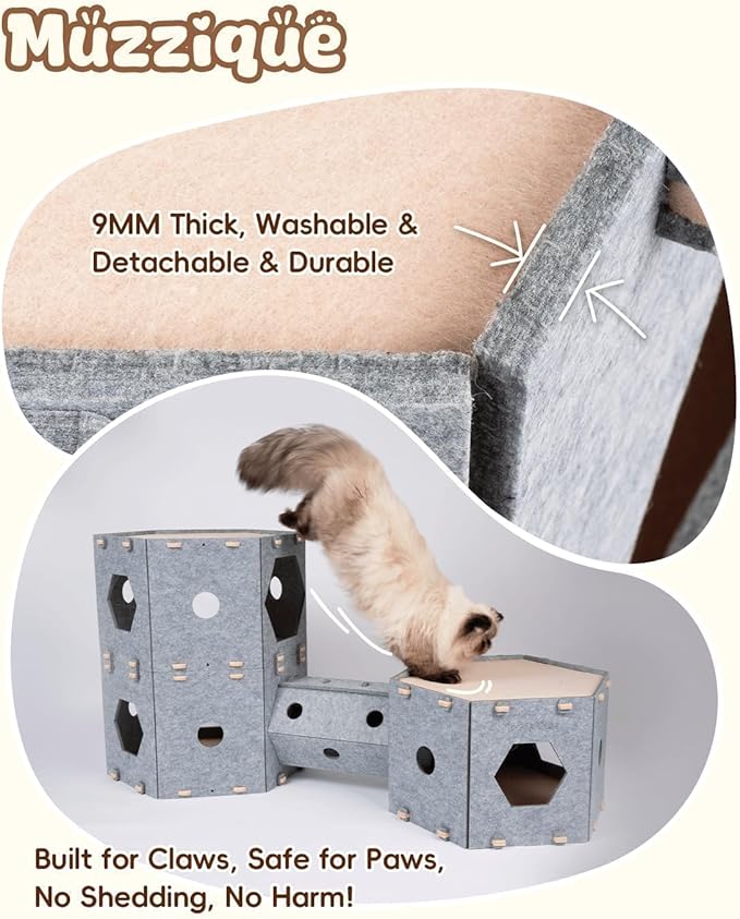 Large Cat House for Indoor Cats&Small Dogs, w/Hair Brush, DIY Expandable Felt Pet Tunnel Castle, Modular Multi Layer Kitten Nest, Peekaboo Kitty Cave, 3 Perch Puppy Bed Furniture, 3 Tier XL Platform