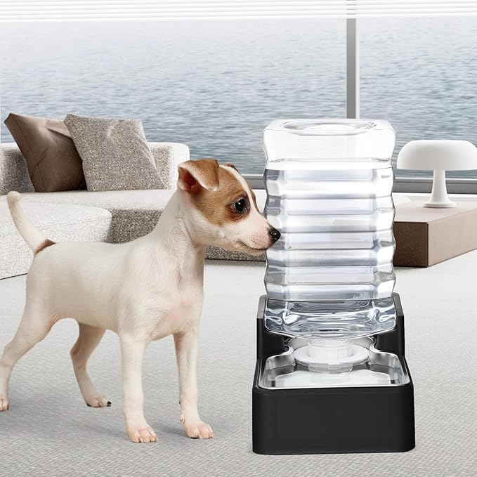 RIZZARI Stainless Steel Pet Water Feeder: 7.5L Black Automatic Leak-Proof Gravity Dispenser for 20-35 LB Dogs with Spinal Problems - with Filter - Ideal for Bedroom Living Room