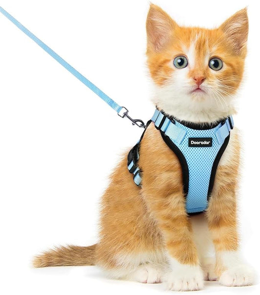 Dooradar Cat Harness and Leash Set, Escape Proof Safe Adjustable Kitten Vest Harnesses for Walking, Easy Control Soft Breathable Mesh Jacket with Reflective Strips for Cats, Light Blue, XXS