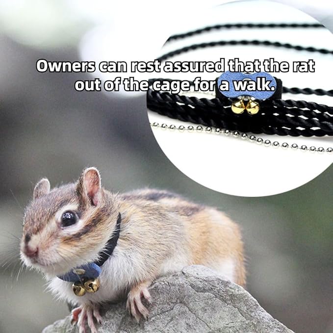 Squirrel Chipmunk Traction Rope Strap Anti-Biting Chain Rope, Small Animal Walking Collar Harness with Lead Leash for Hamster Gerbil Rat Mouse Ferret Chinchilla (Black with Blue)