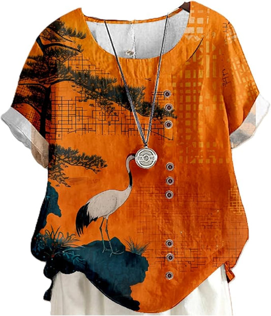 Japanese Print Women Summer Shirts Flower Bird Graphic Plus Size Tunic Tops Crewneck Short Sleeve Blouses