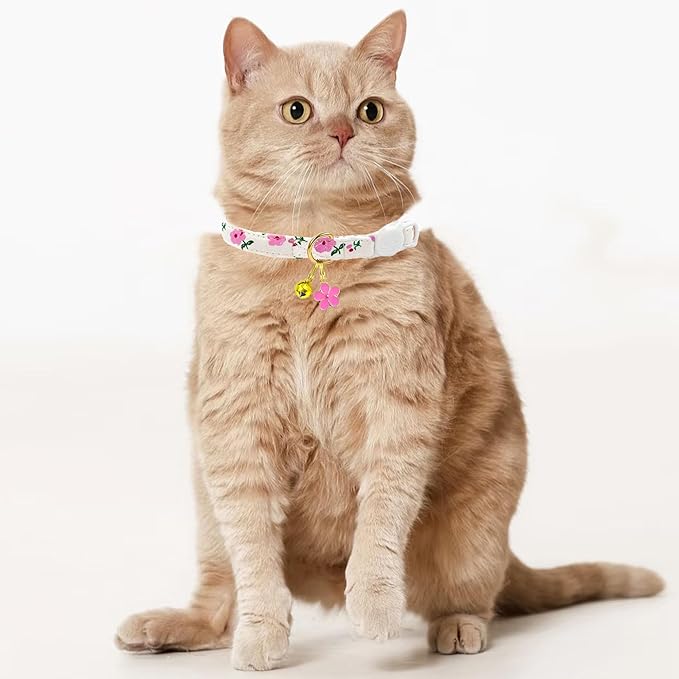 2 Pack Cotton Breakaway Cat Collars Set with Bell and Flower Pendant, Cute Floral Fruit Patterned, Adjustable 7.5-11Inch, Include A Mouse Toy Gift (Heart Cherry)