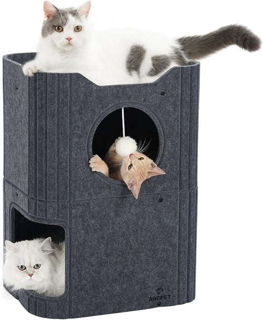 Cat House for Indoor Cats Large Cat Bed Cave 2-Storey Cats Condo with Cozy Felt Covered Hideaway for Multiple Pets Dark Grey
