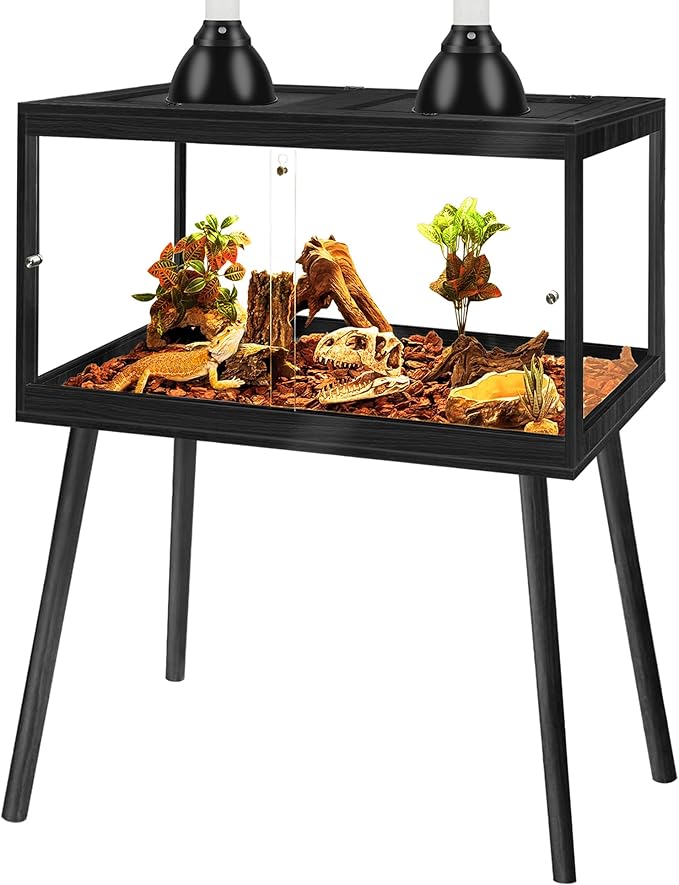 PROLEE Bearded Dragon Tank with Leg,Tempered Glass Lizard Tanks and Reptile Enclosure,Up to 78 Gallon Reptile Tank with Metal Mesh and Lockable Door for Snakes,Chameleon (Black, 24Gallons,24inch)