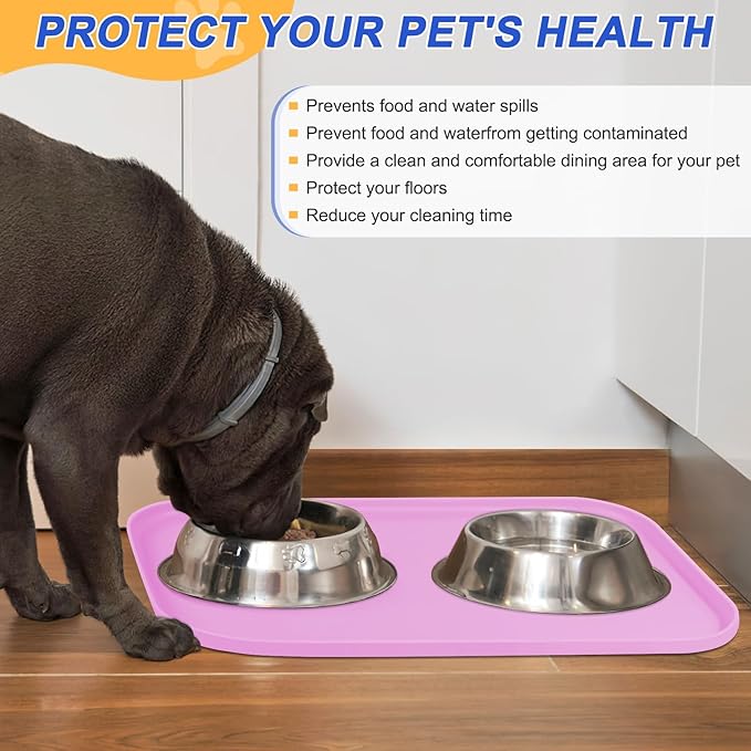 Silicone Pet Feeding Mat with Raised Edge for Food and Water, Dog Bowl Mats, Cat Bowls Placemat with High Lip for Floor Waterproof, Rubber Tray for Cats and Dogs 19 x 12 x0.7 Pink