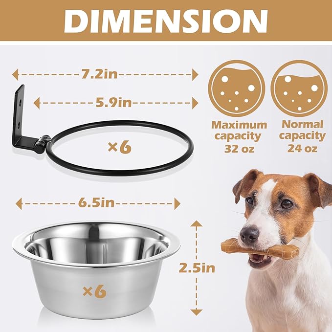 Dandat 6 Pack Elevated Dog Bowls 25 oz Wall Mounted Bowl Stainless Steel Adjustable Height Raised Puppy Metal Food and Water Bowls for Cat, Puppy, and Dogs