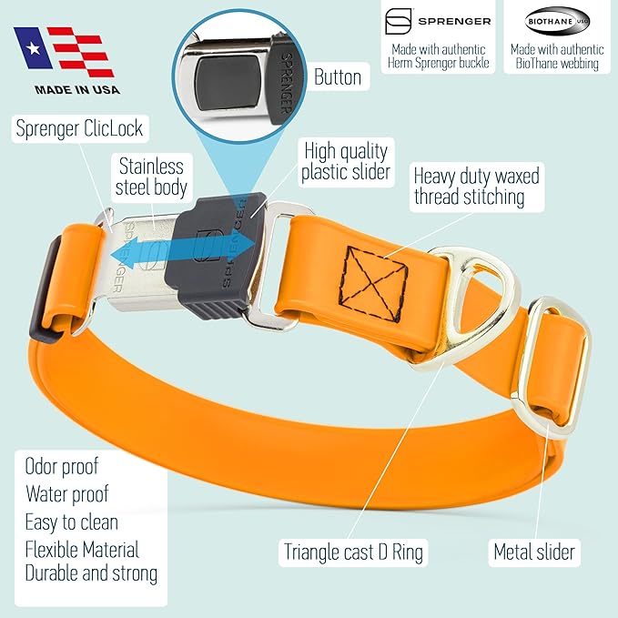 Dogline Biothane Waterproof Dog Collar with Herm Sprenger Stainless Steel Quick Release Buckle – Heavy Duty Tactical Durable Collar for Dogs – Comfortable and Safe Pet Collar W 3/4" L 12-19" Tangerine
