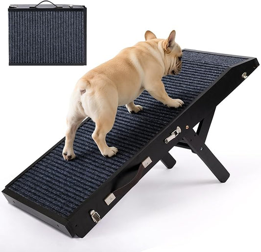 Wood Dog Ramp for Bed, 5-Level Adjustable Height (10" to 21") Pet Ramp with Non-Slip Surface for Couch, Bed and Car, Foldable Dog Ramp for Small, Medium to Large Dogs, Up to 200LBS