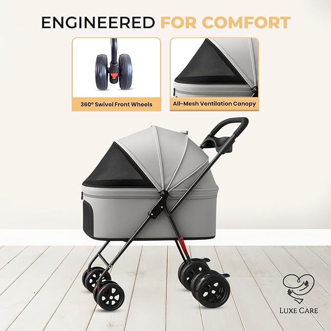 Luxe Haus 4 Wheel Foldable Pet Stroller - Lightweight Dogs and Cats Stroller Upto 44lbs with Mesh Canopy, Storage Basket and Cup Holder, Durable for Walks and Outings (Small)