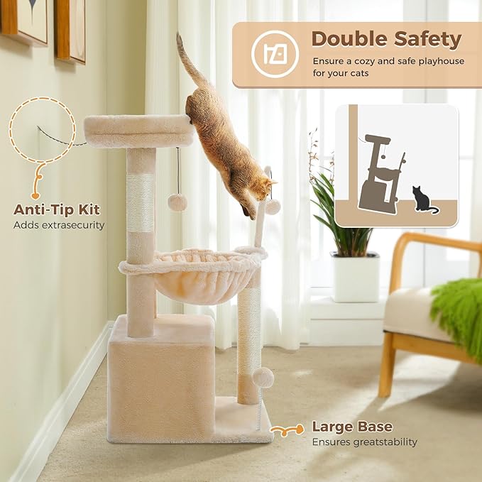 PEQULTI 4-in-1 Cat Tree, 33'' Cat Tower for Indoor Cats with Large Cat Condo, Scratching Post for Cats with Deep Hammock& Cozy Top Perch, Beige