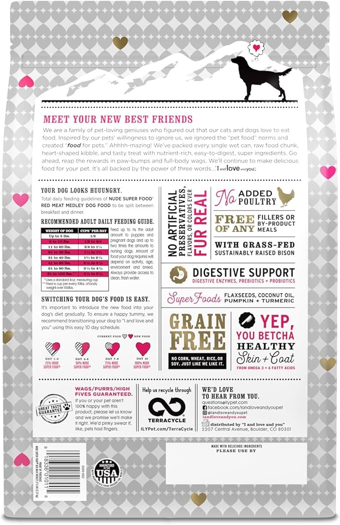 I and love and you Nude Super Food Dry Dog Food - Red Meat Medley - Prebiotic + Probiotic, Grain Free, Real Meat, No Fillers, 5lb Bag