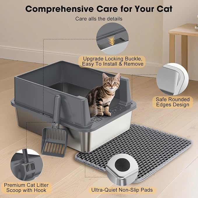 FURTIME Stainless Steel Cat Litter Box with Lid – High-Sided Metal Litter Pan for Small Cats, Kitty Litter Box Non-Stick, Odor-Resistant, Anti-Urine Leakage, Easy to Clean, Includes Scoop and Mat