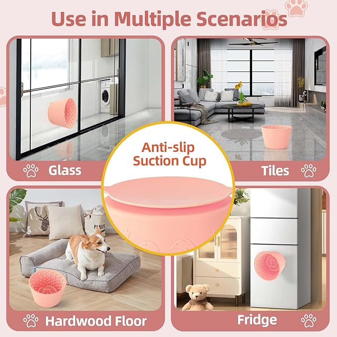 Dog Slow Feeder Lick Bowl, Non-Slip Dog Licking Treat Dispenser, Slow Feeder Bowls for Small Medium Large Breed Dogs, Anxiety Relief & Anti-Choking, BPA Free Silicone (Pink, 1.6 Cup)