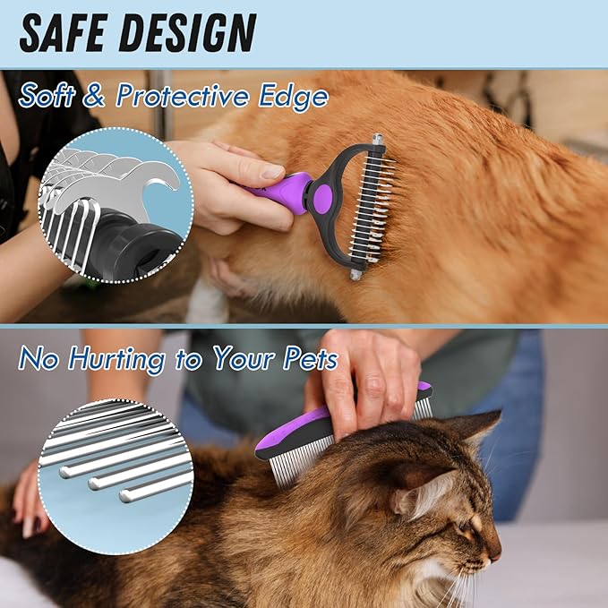 Pet Grooming Brush and Metal Comb Combo - Undercoat Rake for Dematting and Deshedding Long Matted Haired Dogs and Cats, Purple