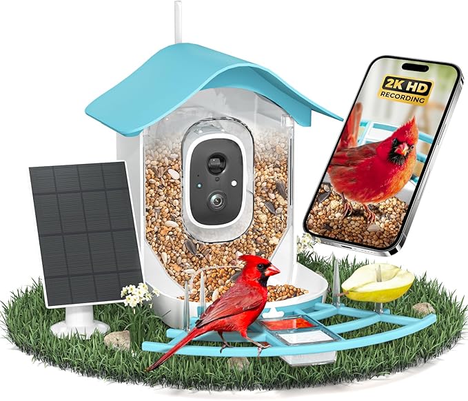 Smart Bird Feeder with Camera, 2K HD AI Identify Birds Species, Bir d Watching Camera with Solar Panel, Auto Capture Bird Videos & Instant Notifications, Ideal Present for Bir d Lover, Blue