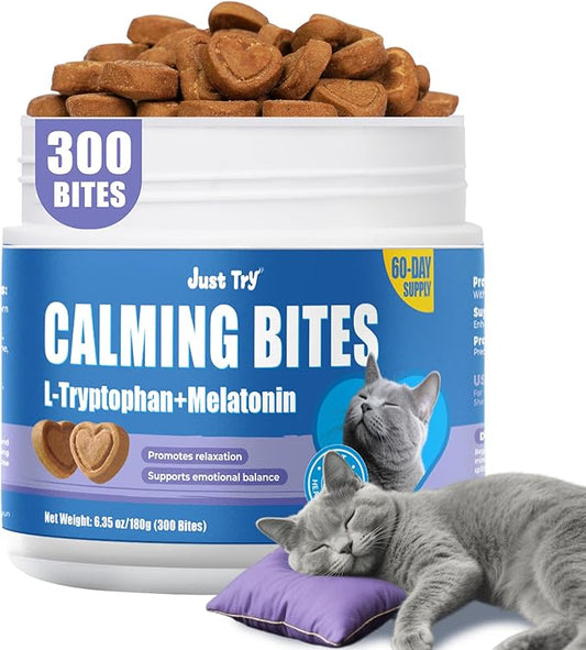 Just Try 300 Bites Calming Cat Treats for Relaxation - with Chamomile, L-Tryptophan, Melatonin for Cats– Chicken Flavor Calming Bites for Cats 6.35 oz