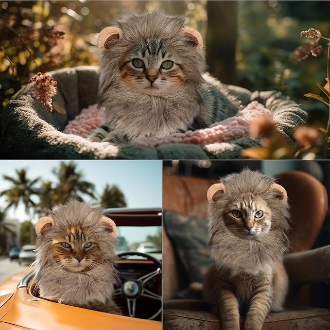Cat Halloween Costumes - Lion Mane Wig for Cats & Puppies, Adjustable Pet Cosplay Apparel Kitten Outfits for Halloween Christmas Cat Birthday Party (Grey)