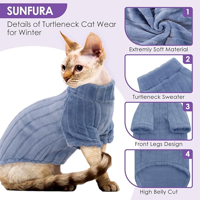 SUNFURA Sweaters for Cats, Hairless Sphynx Sweater Kitten Pullover with Sleeves, Warm and Soft Cat Pajamas Fleece Sweatshirt Jumpsuit, Turtleneck Clothes for Fall Winter, Blue M