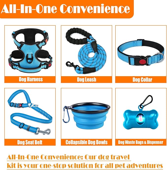 No Pull Dog Harness, Collar & Leash Set with Retractable Dog Seat Belt, Collapsible Dog Bowls and Poop Bag Dispenser - Ideal for Training, Walking, Hiking - Fits Small to Large Dogs(Blue-M)