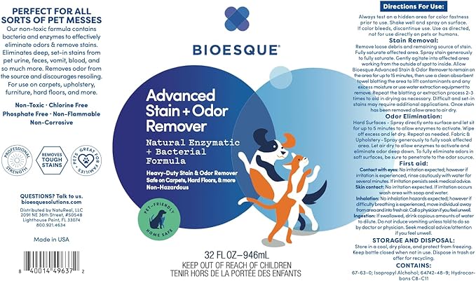 Bioesque Advanced Stain + Odor Remover, Pet-Friendly Natural Enzymatic & Bacterial Formula, Heavy-Duty Stain & Odor Remover, Safe on Carpets, Hard Floors, & More, 32 Fl Oz (Pack of 1)