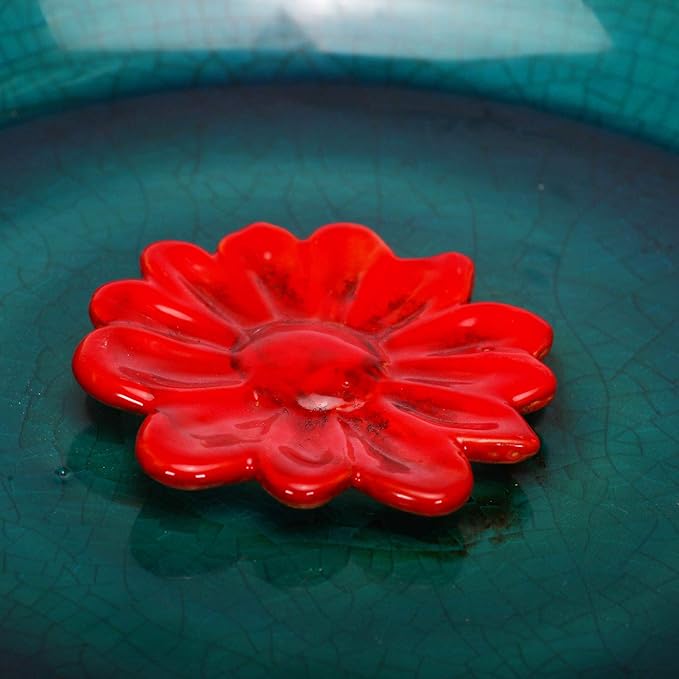 DUSVALLY Birdbath Ceramic Bowl Decor for Bee Bird for Outside, Bird Bath Bowl Vintage Decoration for Garden and Patio, Blue with Red Flower