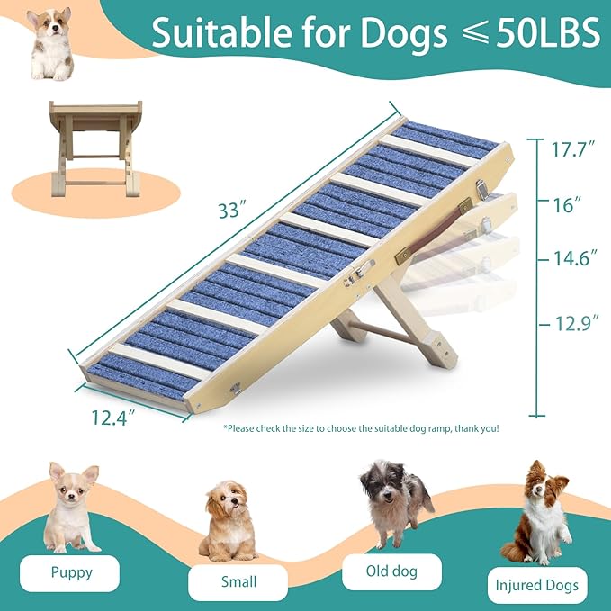 Dog Ramp for Bed, Upgraded 33" Long Portable Dog Ramp for Couch, Wood Folding Pet Ramp for All Breeds Small Old Dogs to Get on Bed, 4 Adjustable Heights 12.9" to 17.7"(Wood, Up to 50lbs)