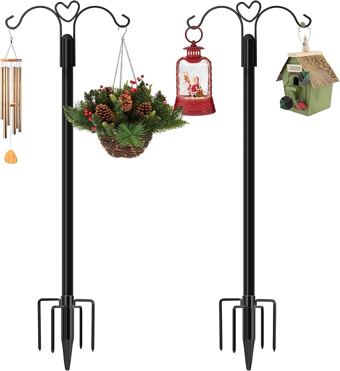 XDW-GIFTS Shepherds Hooks for Outdoor, 2-Pack 92 Inch Heavy Duty Bird Feeder Pole, Garden Pole for Hanging Plants, Lantern, Hummingbird Feeder, Hanging Plant Stand with 5 Base Prongs