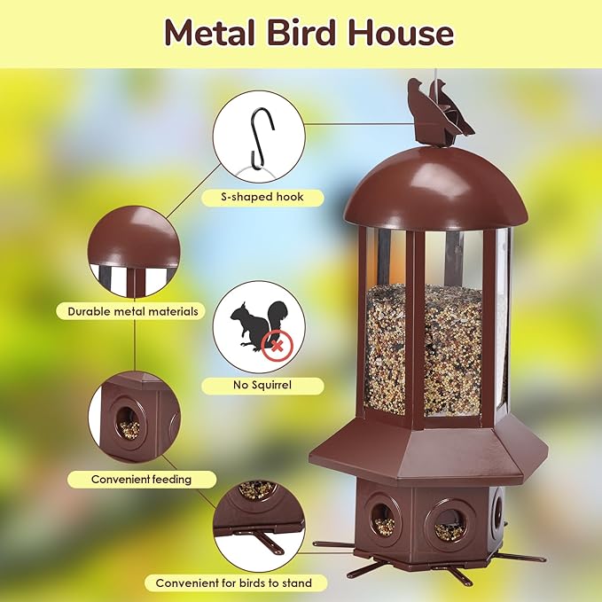 Professional Squirrel Proof Bird Feeders - Sorflife Large Capacity 5.06 lbs, Reliable and Rust Resistant Metal Bird Feeding Station for Prevents Squirrels from Stealing Food and Easy Refilling Brown