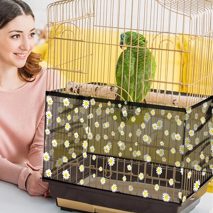 Daoeny Large Bird Cage Cover, Bird Cage Seed Catcher, Adjustable Soft Nylon Mesh Net with Daisy Pattern, Birdcage Cover Skirt Seed Guard for Parrot Parakeet Macaw Round Square Cages (Black)