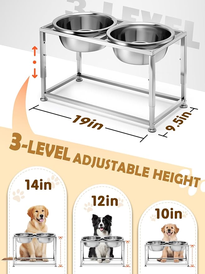 89OZ Large Capacity Raised Dog Bowls for Large Dogs - Full Metal 3 Height Adjustable (10", 12", 14") Food Water Bowl, Stainless Steel Medium Dog Elevated Bowl for Relief Joint Pressure