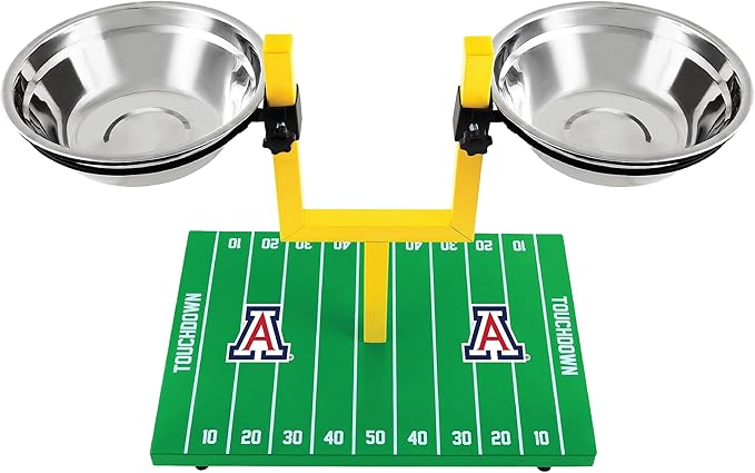 NCAA University of Arizona Wildcats Goalpost Football Field Dog Feeder –Adjustable Elevated Dog Bowls with Stand, 2 Stainless Steel Bowls, Non-Slip Rubber Feet, Raised Pet Feeder for Large, Small Dogs