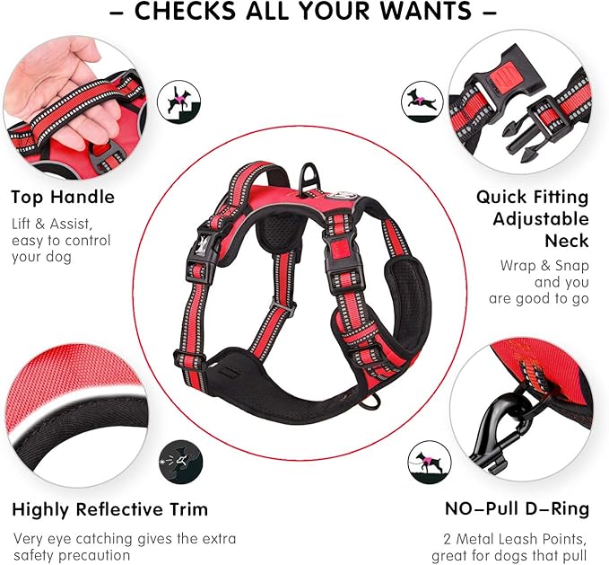PoyPet No Pull Dog Harness, [Release on Neck] Reflective Adjustable No Choke Pet Vest with Front & Back 2 Leash Attachments, Soft Control Training Handle for Small Medium Large Dogs(Red,S)