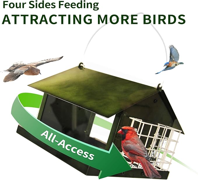 Solution4Patio Green Outdoors Hanging Bird Feeder, All Metal, Double Suet Cake and Large Capacity, Hopper Tray & Weatherproof for Finch, Cardinal & Chickadee #B101E01-US Squirrel-Proof