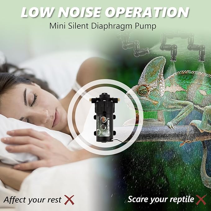 LANUEVA Reptile Humidifier, Quieter Mister Fogger for Terrarium with 4 Single Misting Nozzle + 2 Double Misting Nozzle, Automatic Spray System for Chameleon, Lizard, Snake, Frog (Pump without Timer)